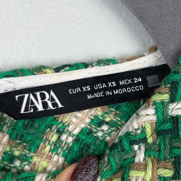 Zara Green Houndstooth Tweed Pinafore Mini Dress Sleeveless Textured Cotton XS - Picture 14 of 16